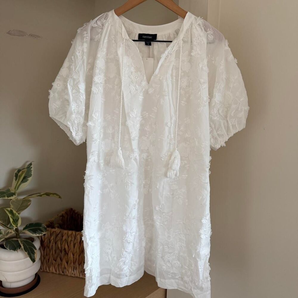 Karen Kane Cotton Embroidered Tassel Shift Dress White Floral Small NWT